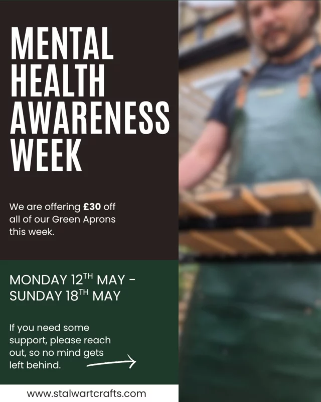 This week is Mental Health Awareness Week, so we are offering £30 off our Green Aprons 

Use discount code MENTALHEALTH at checkout to get your discount.